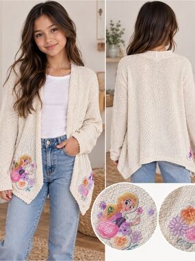 Disney Open Cream cardigan Size 11/12 Girls Embroidered Disney Tangled Rapunzel